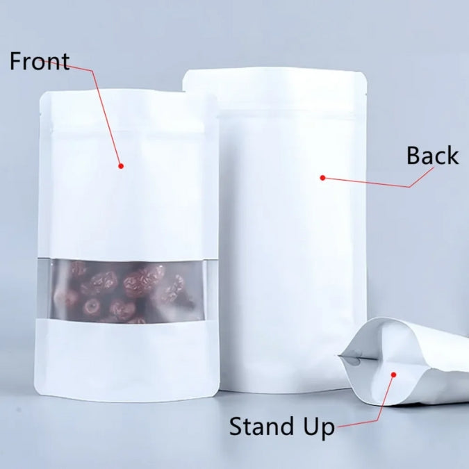 White Stand Up Mylar Bags with Window – SAMPLES