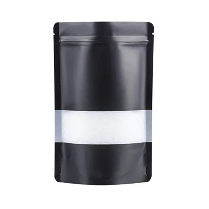 Black Stand Up Mylar Bags with Window – Sets of 50 – Various sizes available