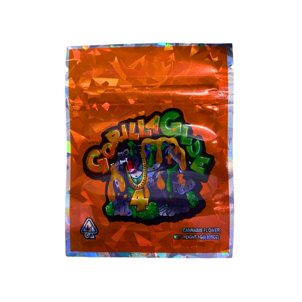 Orange mylar bag with colorful branding on a white background