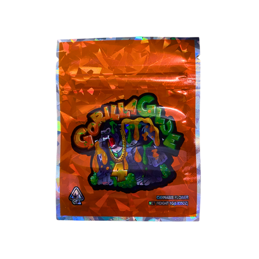 Orange mylar bag with colorful branding on a white background