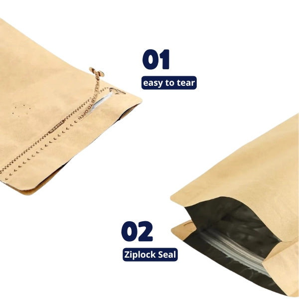 Two brown paper bags with text indicating 'easy to tear' and 'ziplock seal' on a white background.