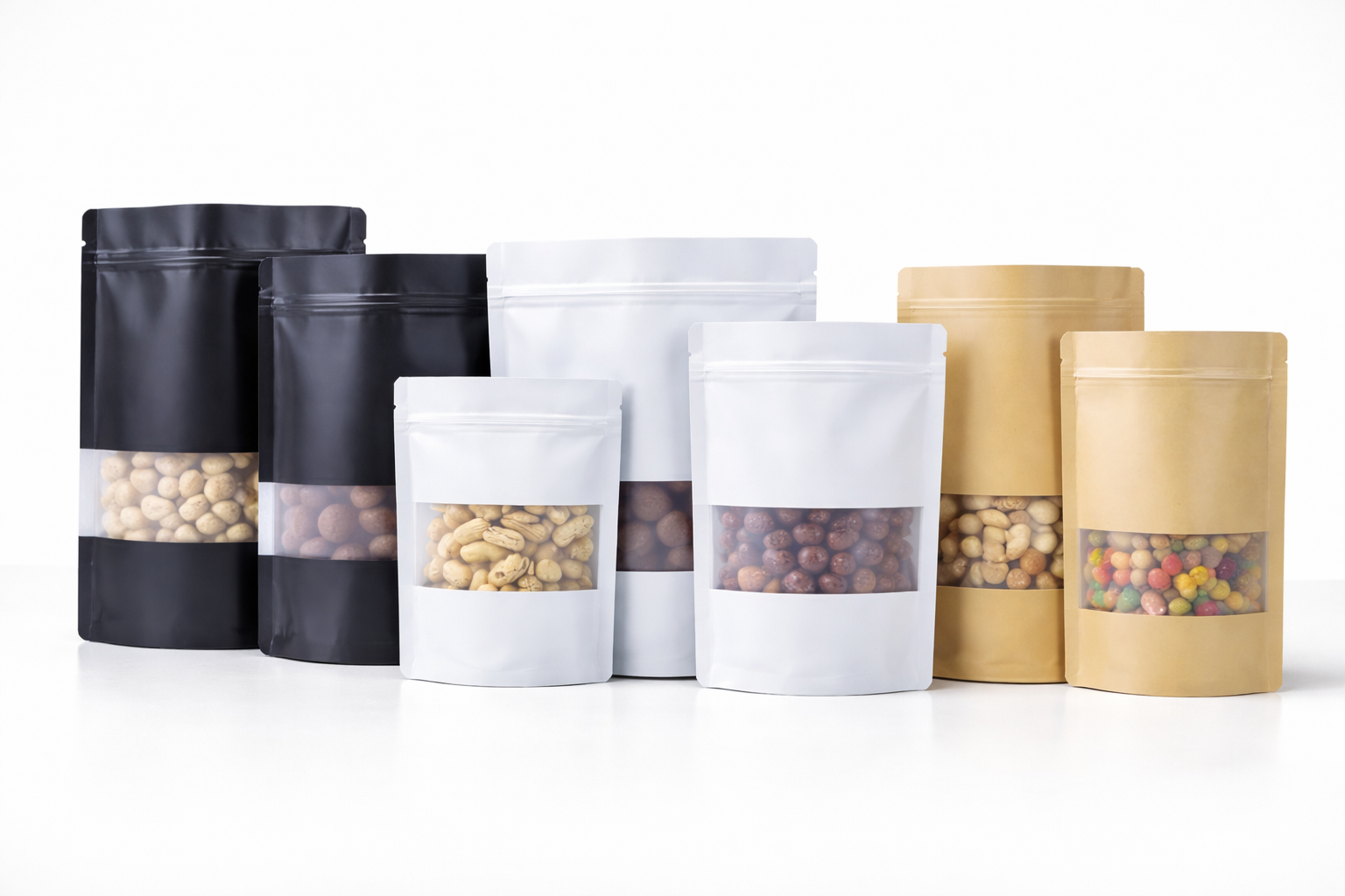 Set of various paper food packaging containers on a white background. Stand up pouches from Pick-a-Pouch